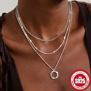 925 Sterling Silver Triple Layer Chain Pendant Necklace Set Classic Adjustable